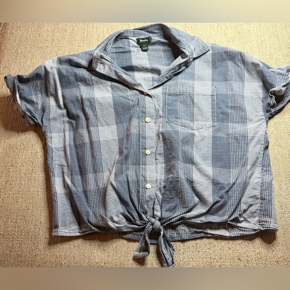 Roots Blue Plaid Button-Down Tie-Waist Shirt small